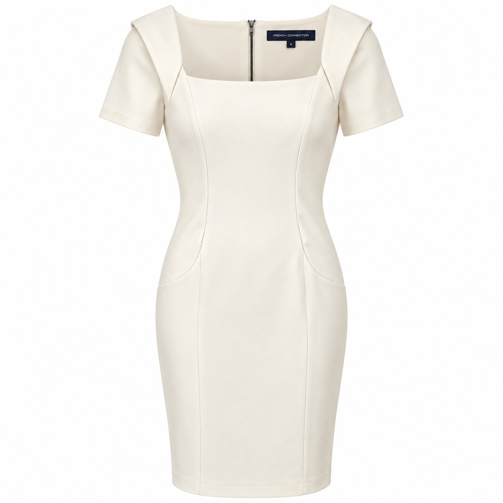 French Connection Women's Ivory Cream Bodycon Sheath Dress Size 8 Square Neck